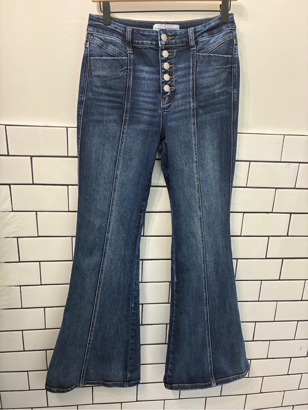 Flying Monkey Dark Blue High-Rise Flare Jeans with Button Fly